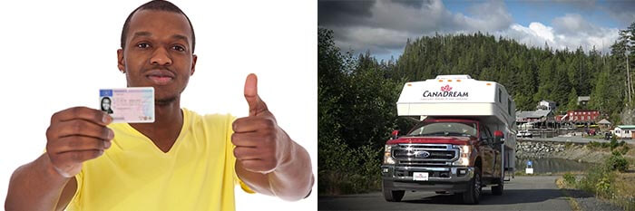 Man in yellow shirt with driver license and camper on road