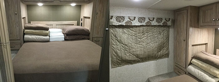 The rear bedroom of the CanaDream winter RV is a cosy escape on a cold winter's night