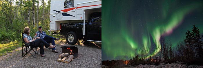 Northern Lights Display and people by fire near RV