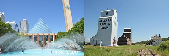 Fountain in front of building and a grain elevator