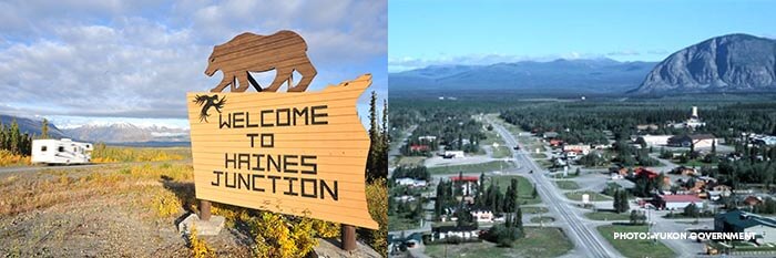 Welcome to Haines Junction sign and aerial view over Haines Junction