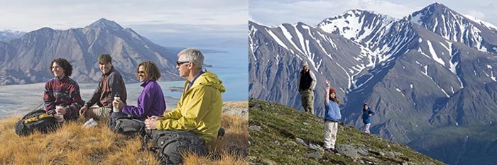 Hikers in Kluane National Park with mountains in background