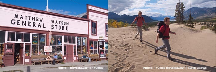 Matthew Watson General Store and hikers in Carcross Desert