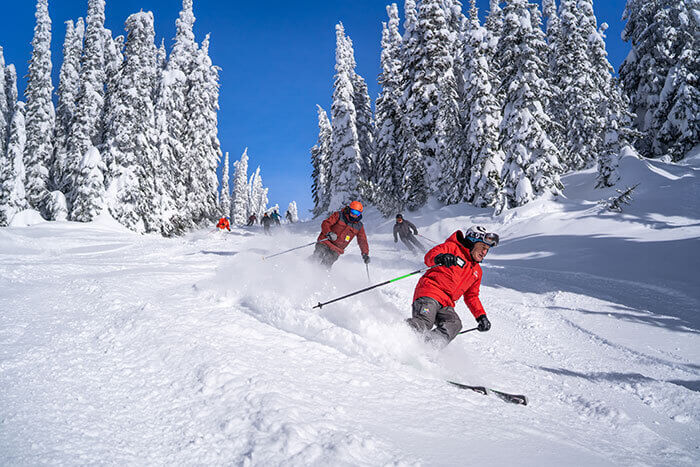 Skiers in Red Jackets Skiing down a slope