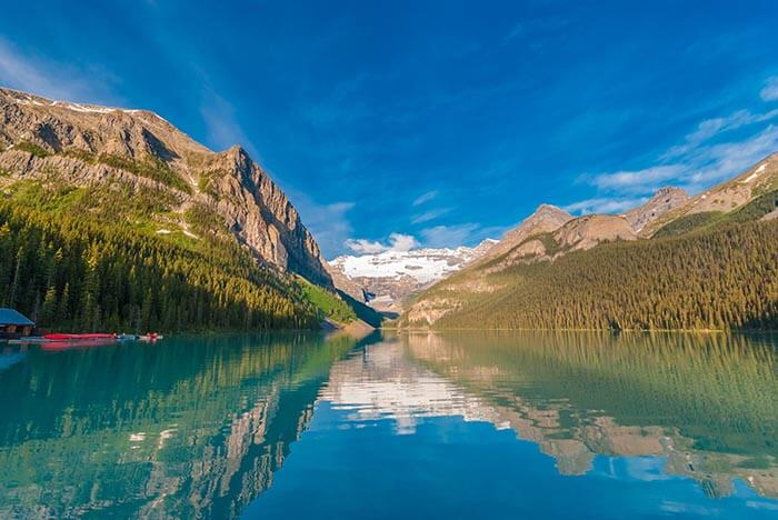 Lake Louise with Victoria Glacier and Boathouse