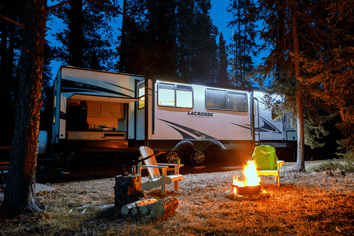 Chairs around a campfire with RV trailer in background