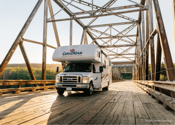 RV crossing bridge in Northern Alberta