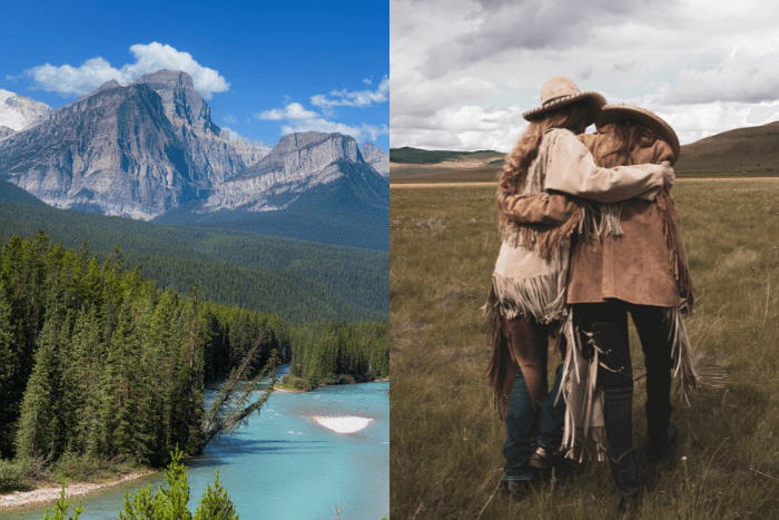 mountains in alberta and people hugging in cowboy attire