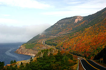 Winding road through Cape Breton National Park in Fall