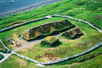 Aerial view of l'anse aux meadows national historic site, newfoundland