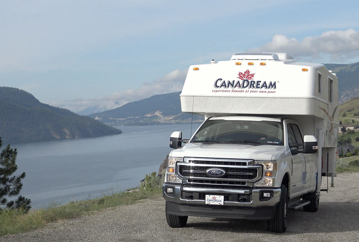 CanaDream RV Truck and camper beside Okanagan Lake BC