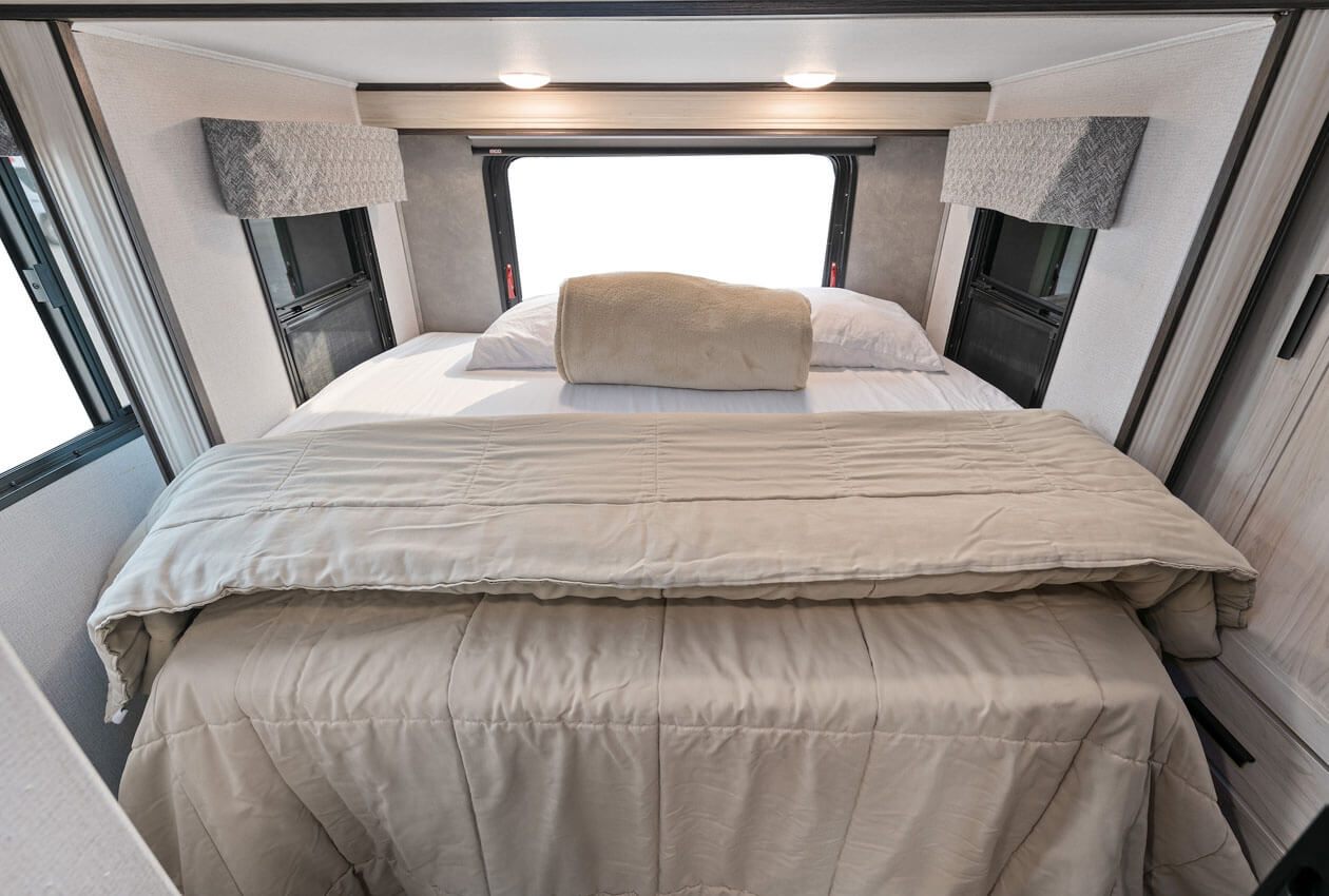 Rear bed of CanaDream MHB folded for travel
